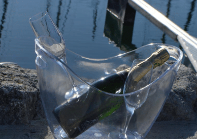 vasque à champagne, verres et bouteille