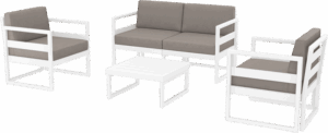Location salon de jardin extérieur blanc avec canapé 2 places, 2 fauteuils et table basse