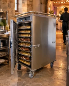Étuve turbo isolée 10 niveaux 60 x 80 remplie de plats, installée en arrière-cuisine lors d'un mariage