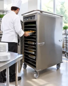 Cuisinier sortant une plaque d'une étuve turbo isolée 10 niveaux 60 x 80 en inox dans une cuisine professionnelle